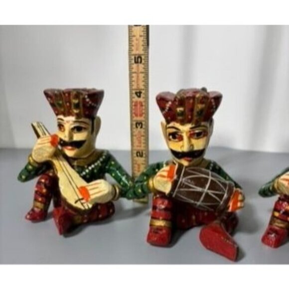 Vtg Colorful Hand Painted Wooden Rajasthani Musician‎ Figurines 3 Pc Indian - Picture 6 of 6